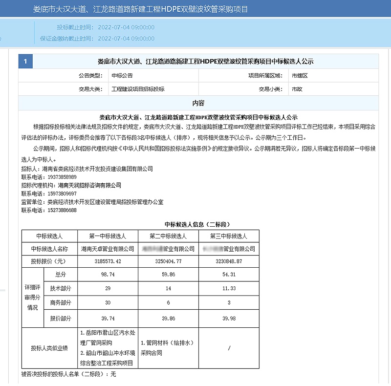 婁底市大漢大道、江龍路道路新建工程HDPE雙壁波紋管采購項(xiàng)目